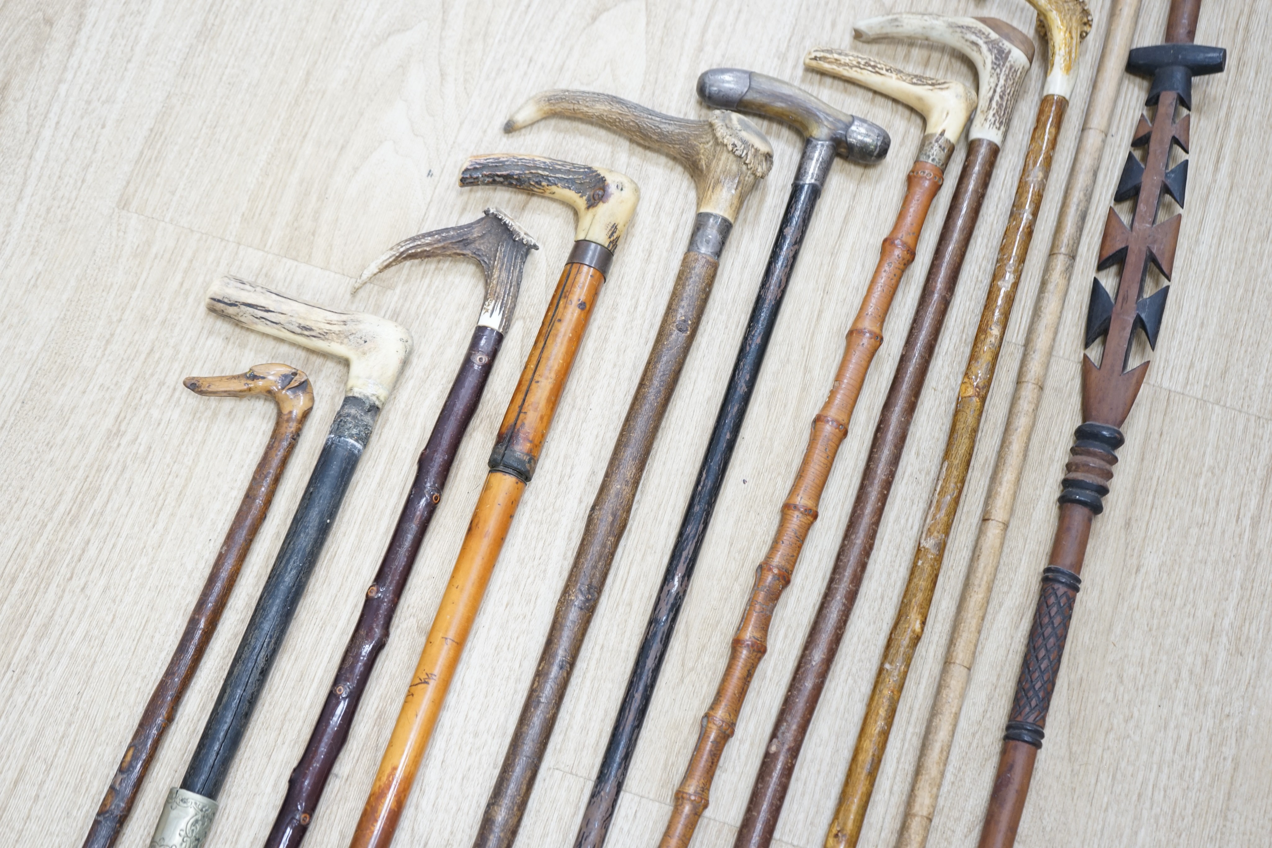 Twelve assorted walking sticks including silver mounted and staghorn handled